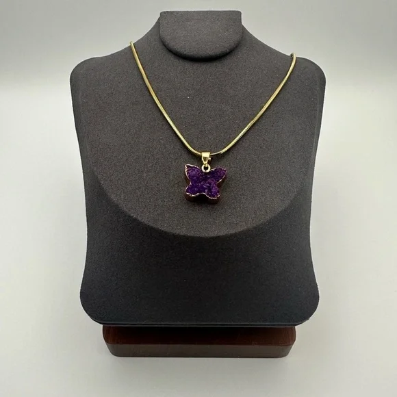 Purple Druzy Butterfly Pendant Necklace on Gold Stainless Steel Snake Chain - Picture 2 of 5